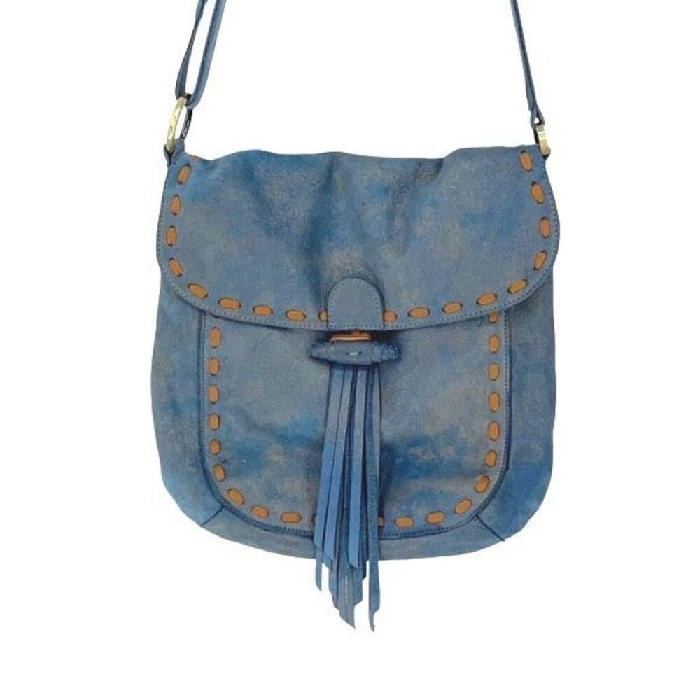 Carla Mancini Womens Flap Fringe Boho Leather Crossbody Bag Blue‎ Medium